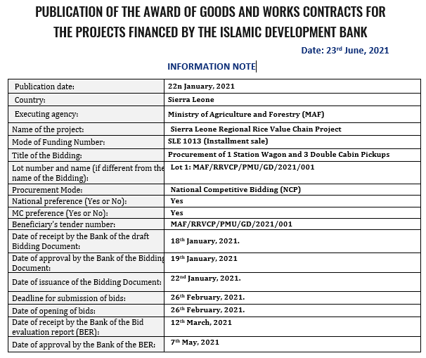 PUBLICATION OF THE AWARD OF GOODS AND WORKS CONTRACTS FOR THE PROJECTS FINANCED BY THE ISLAMIC DEVELOPMENT BANK